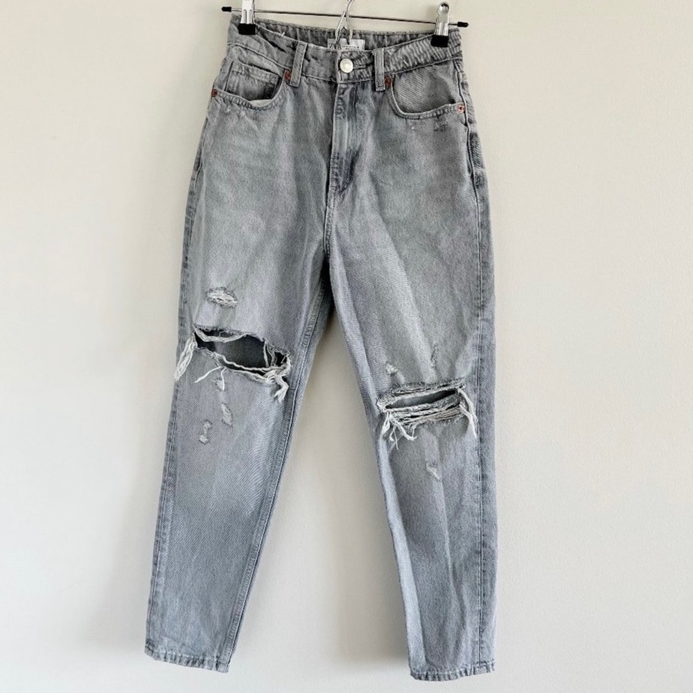 zara / high waist crop grey distressed grey jeans size 2 womens